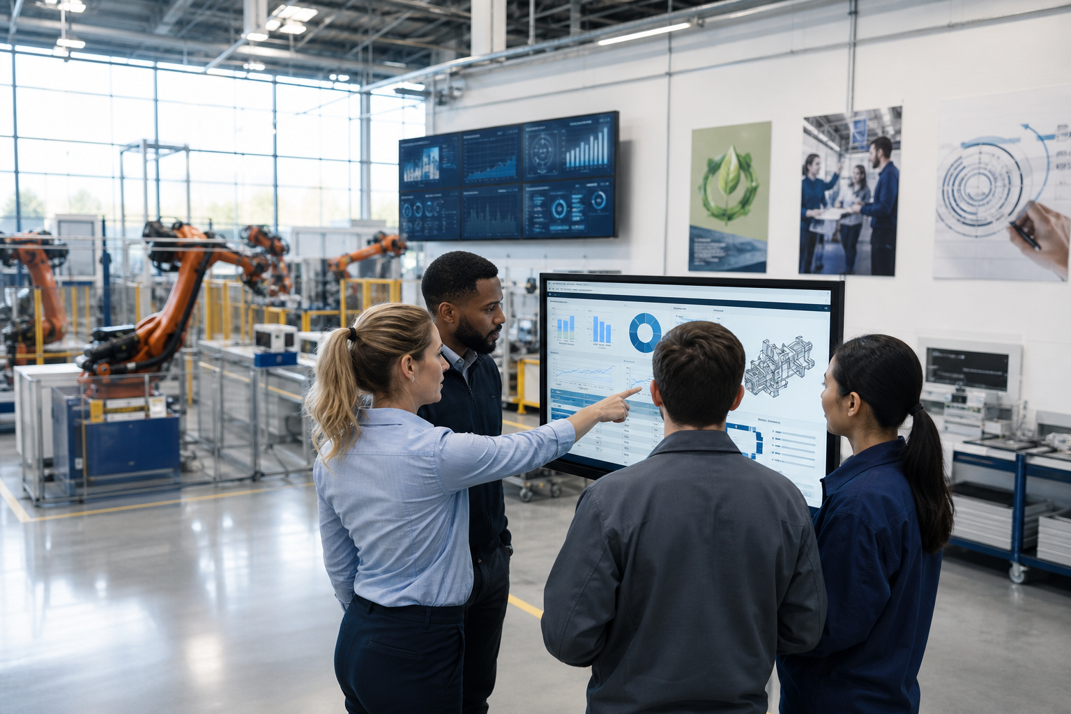 Diverse Team Analyzing ISO 90012026 Data In Modern Factory