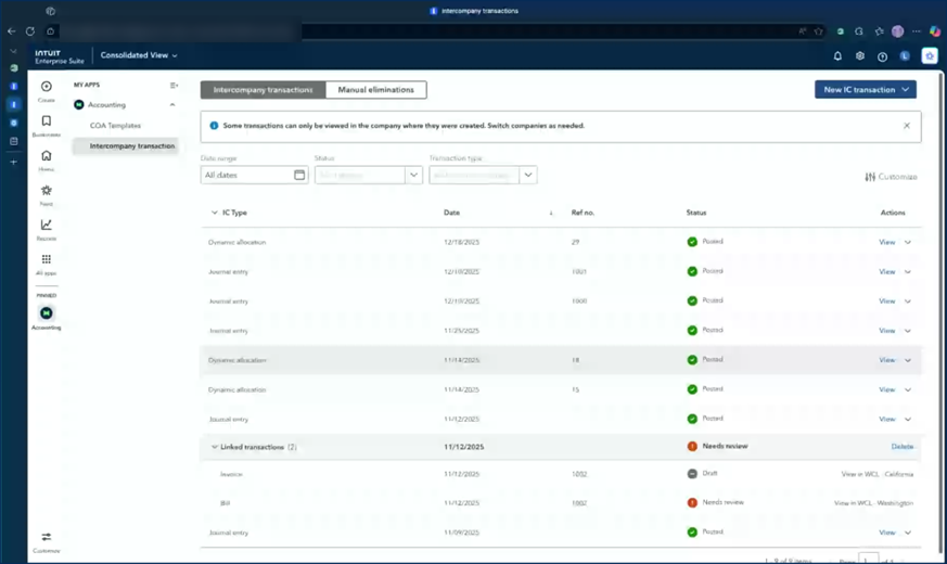 Intuit Enterprise Suite Consolidated View
