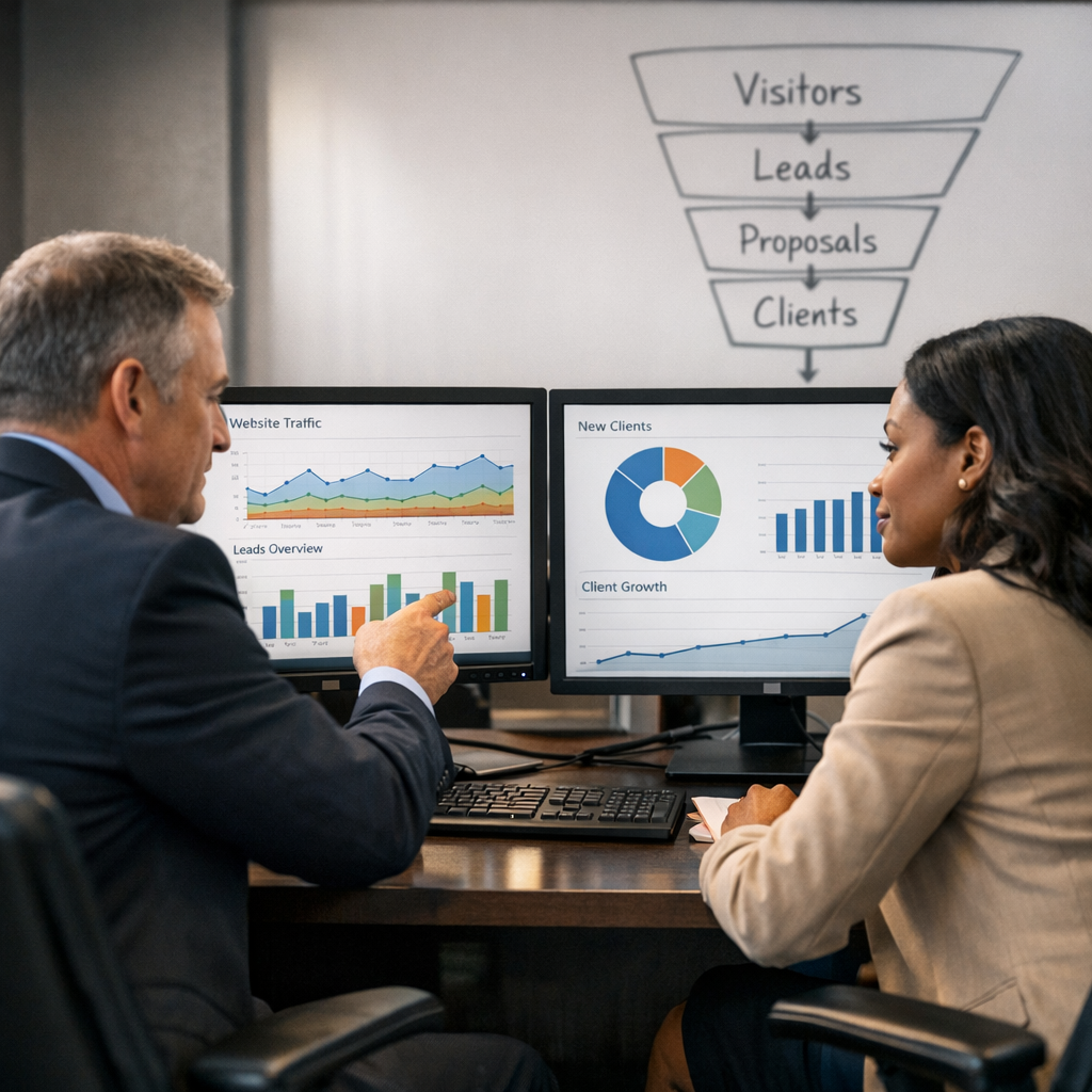 Accounting firm leaders reviewing digital marketing and new client metrics
